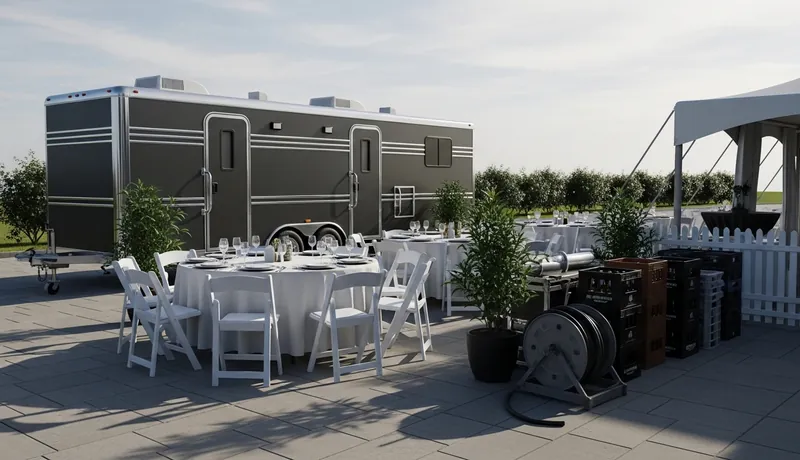 Luxury restroom trailer at a ranch wedding
